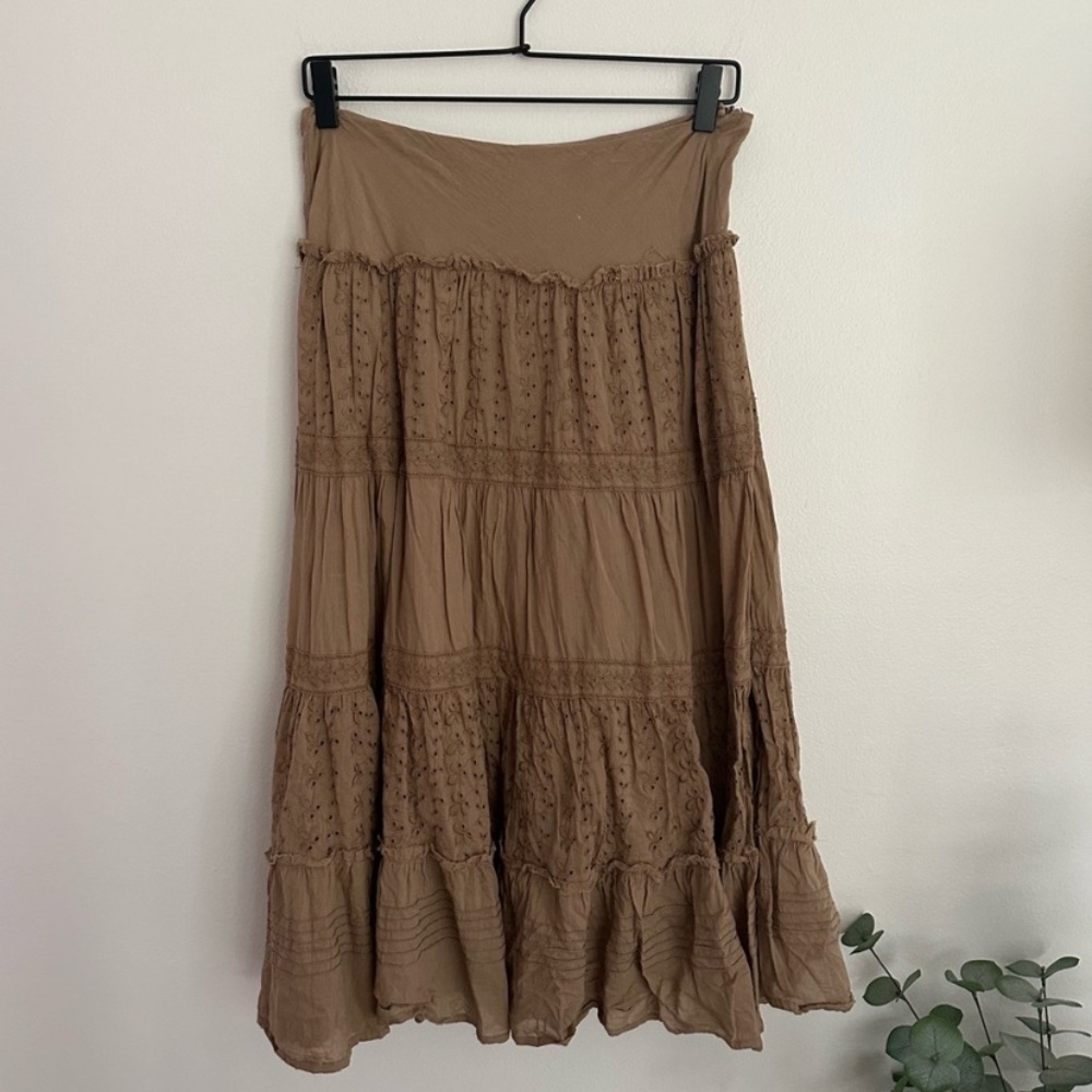 Forbidden Taupe Brown Vintage Lined Embroidered Midi Skirt Womens Small EUC